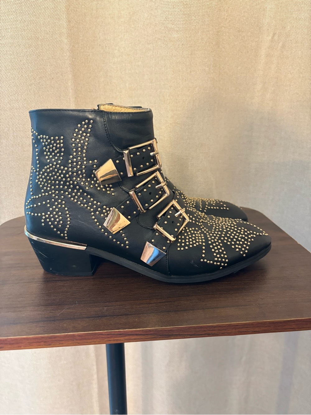 Chloe Black Leather Studded Ankle Boots with Gold Buckles